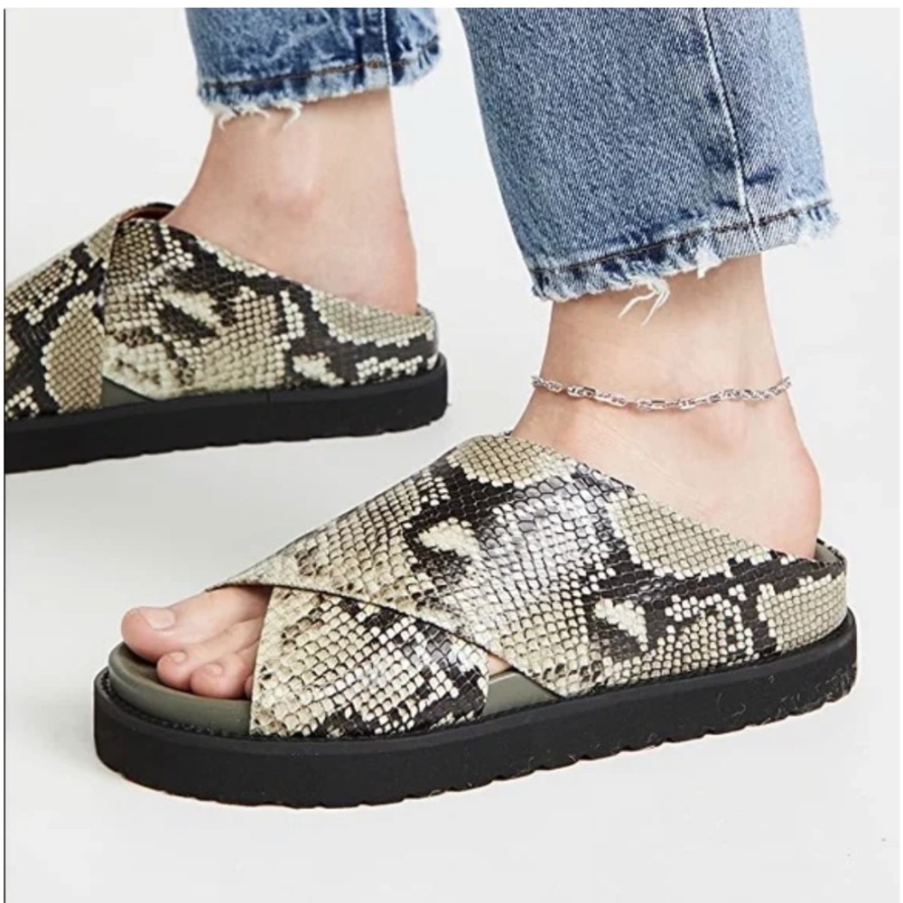 Ganni Crossover Slide Sandal in Kalamata (Green Snakeskin)